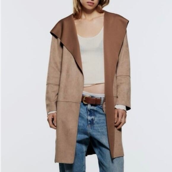 Zara Faux Suede Contrast Collar Belted Hooded Wrap Coat Women’s Size XS - Picture 2 of 9